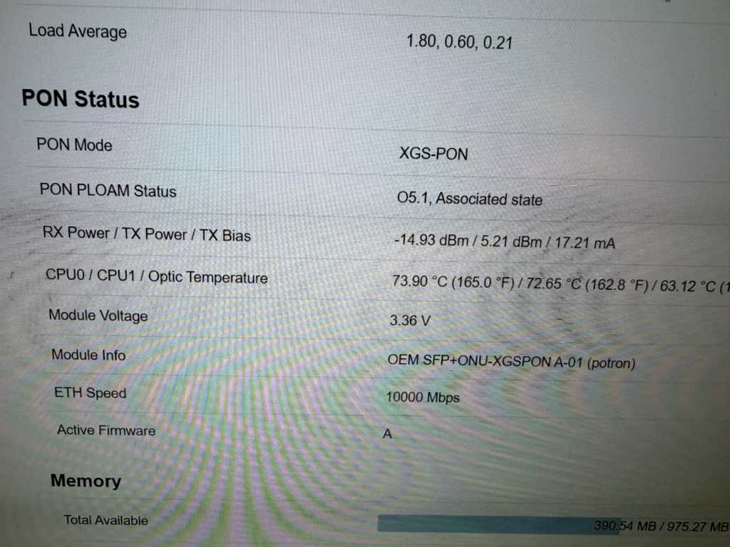 Interface du module indiquant un statut PON associé