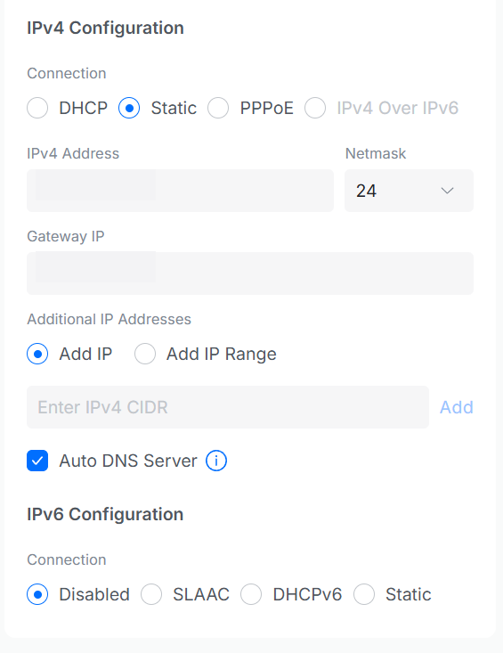 Configuration IPv4 statique UniFi avec les adresses masquées