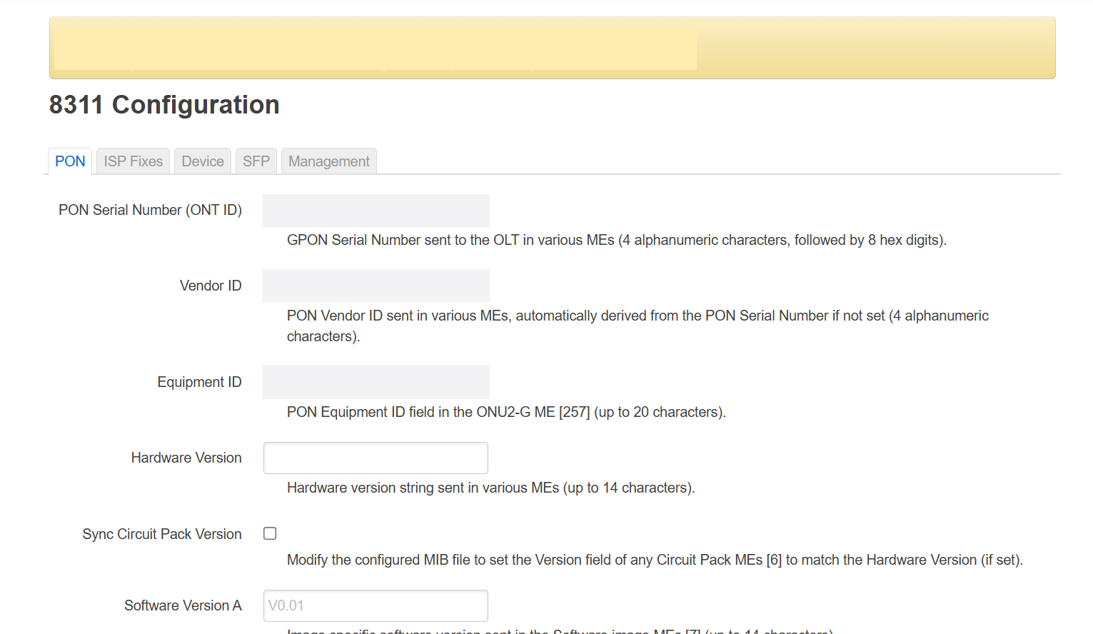 Interface de configuration PON avec les identifiants masqués