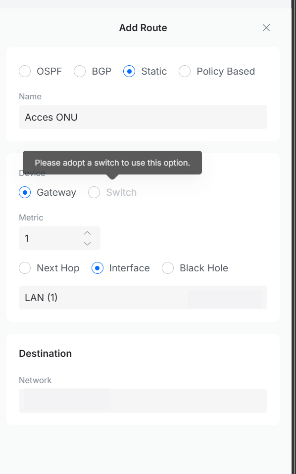 Configuration d'une route statique UniFi avec les adresses masquées